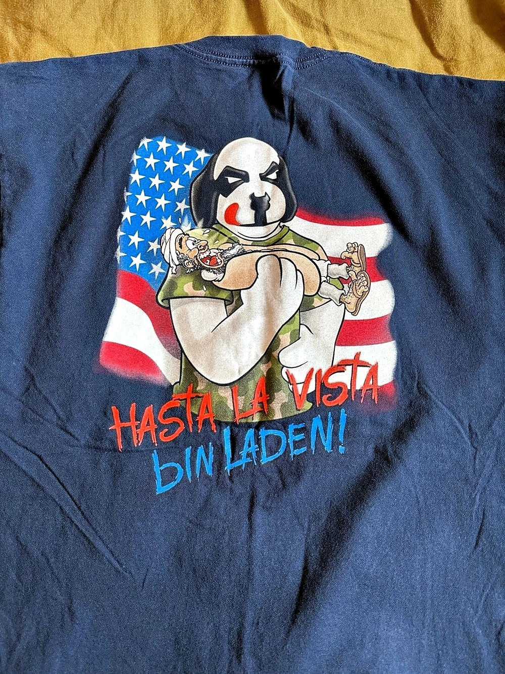 Vintage Y2K Big Dogs Hasta La Vista Bin Laden T-Shirt Graphic Tee in Blue XL